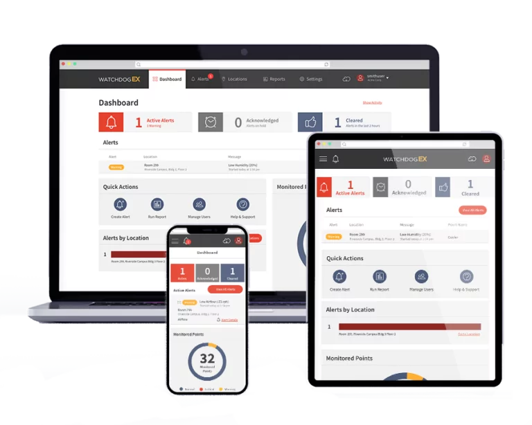 Three devices showing homescreen of Watchdog Ex platform
