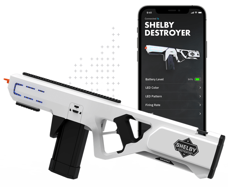 Shelby Destroyer rendering shown in front of mobile app