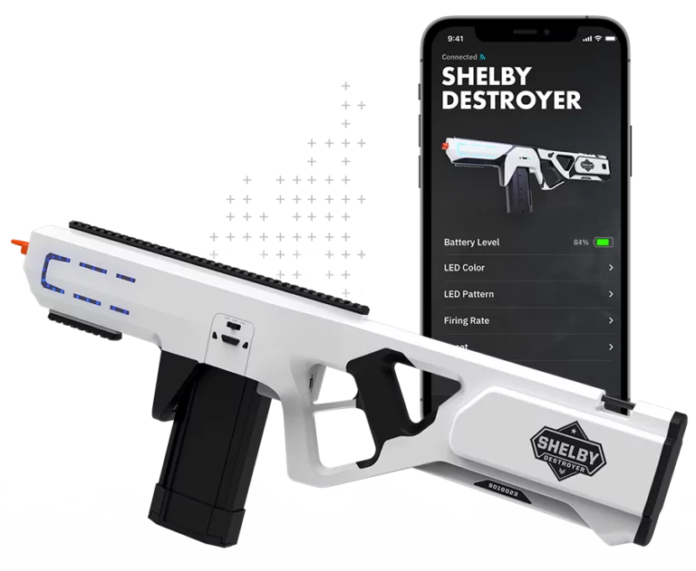 Shelby Destroyer rendering shown in front of mobile app