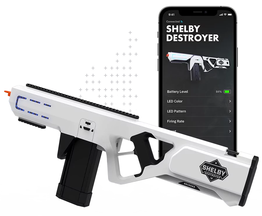 Shelby Destroyer rendering shown in front of mobile app
