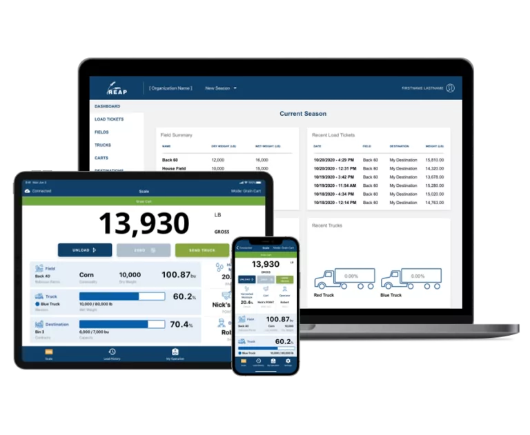 Showcase of REAP Harvest Inventory platform on a phone, tablet and laptop